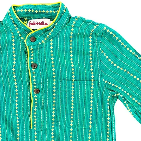 Fabindia • Kids Green Printed Kurta - Picture 2 of 8